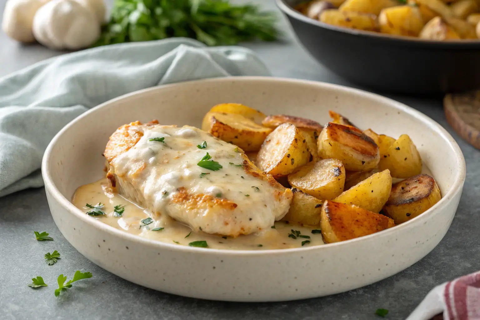 Garlic Parmesan Chicken and Potatoes in Crockpot 1 Close-up of Garlic Parmesan Chicken and Potatoes in creamy sauce.