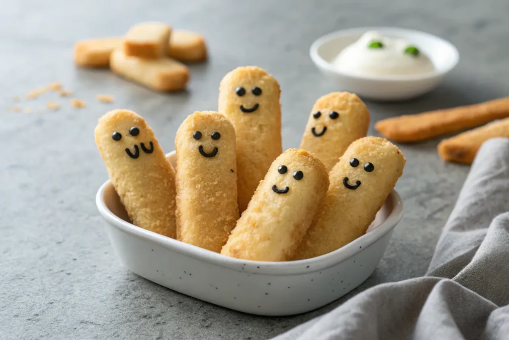 Close-up of ghost-shaped mozzarella sticks on a gray surface.