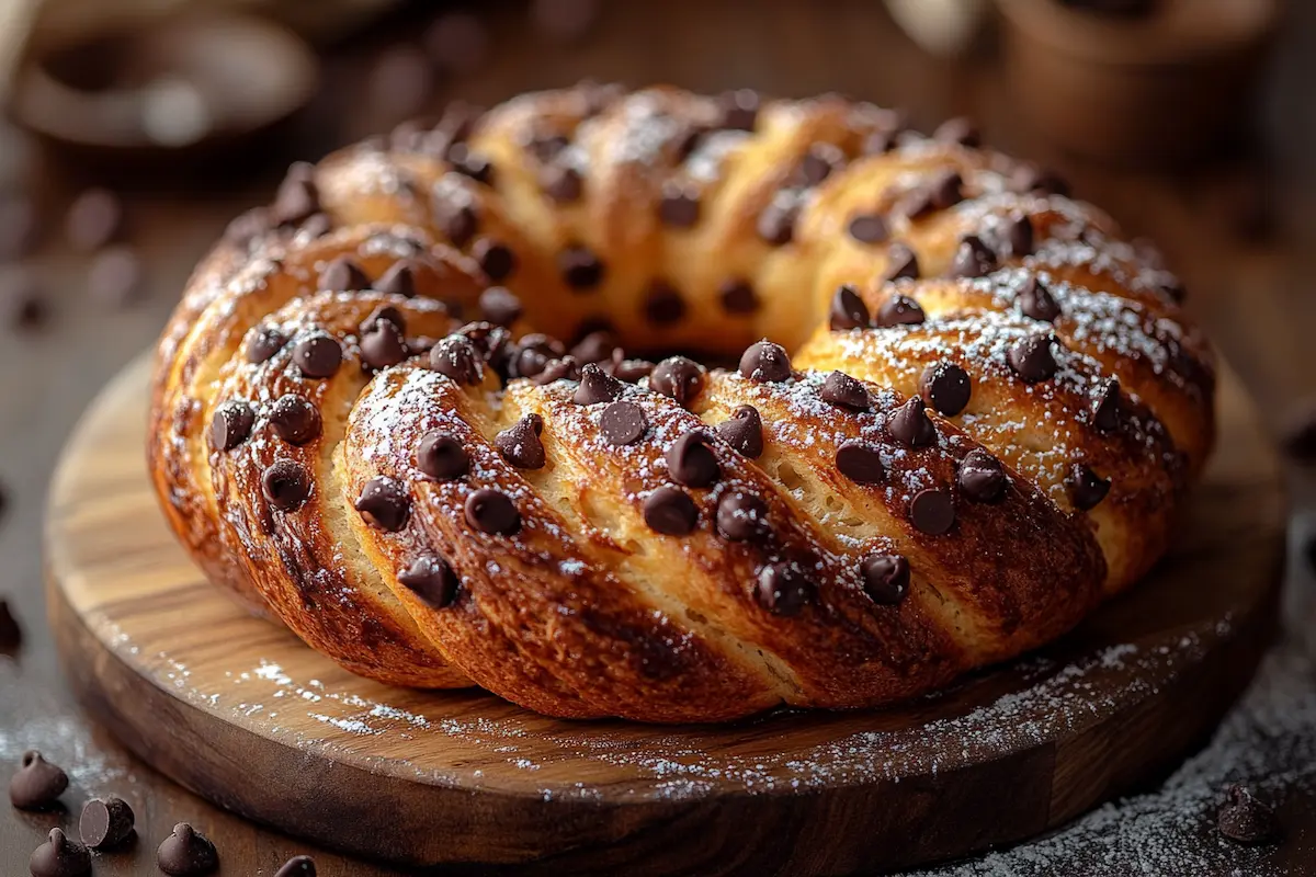 Le Crookie: The Ultimate Crookie Recipe from Paris 1 Golden-brown crookie with flaky croissant layers and chocolate chip cookie dough swirls, styled on a wooden cutting board with scattered chocolate chips and a cozy kitchen background