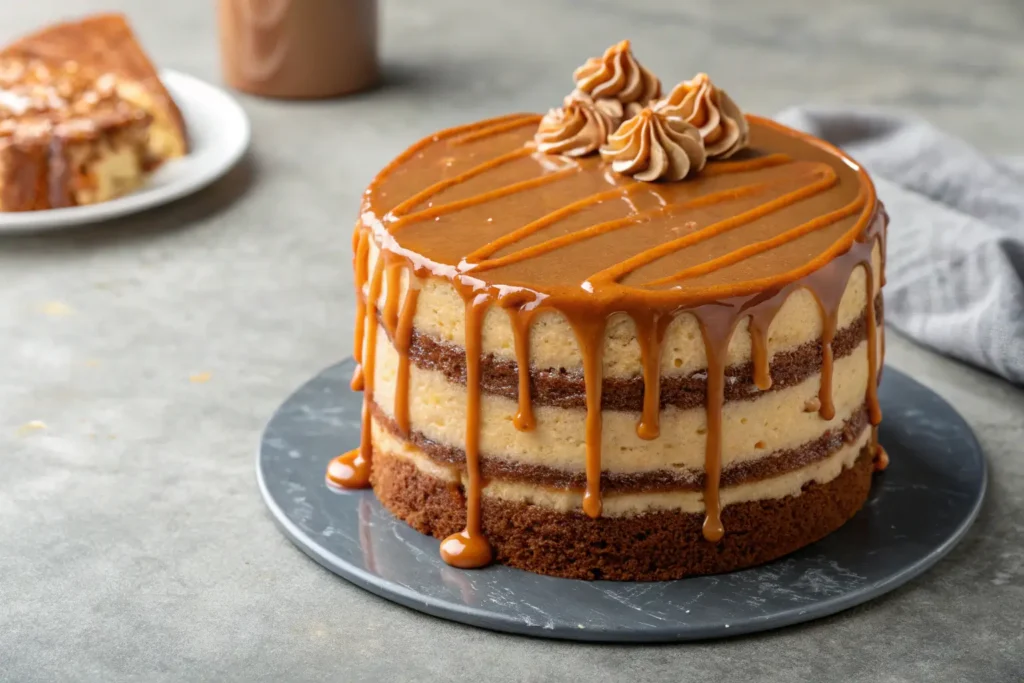 Close-up of gooey caramel cake with rich caramel drizzle.
