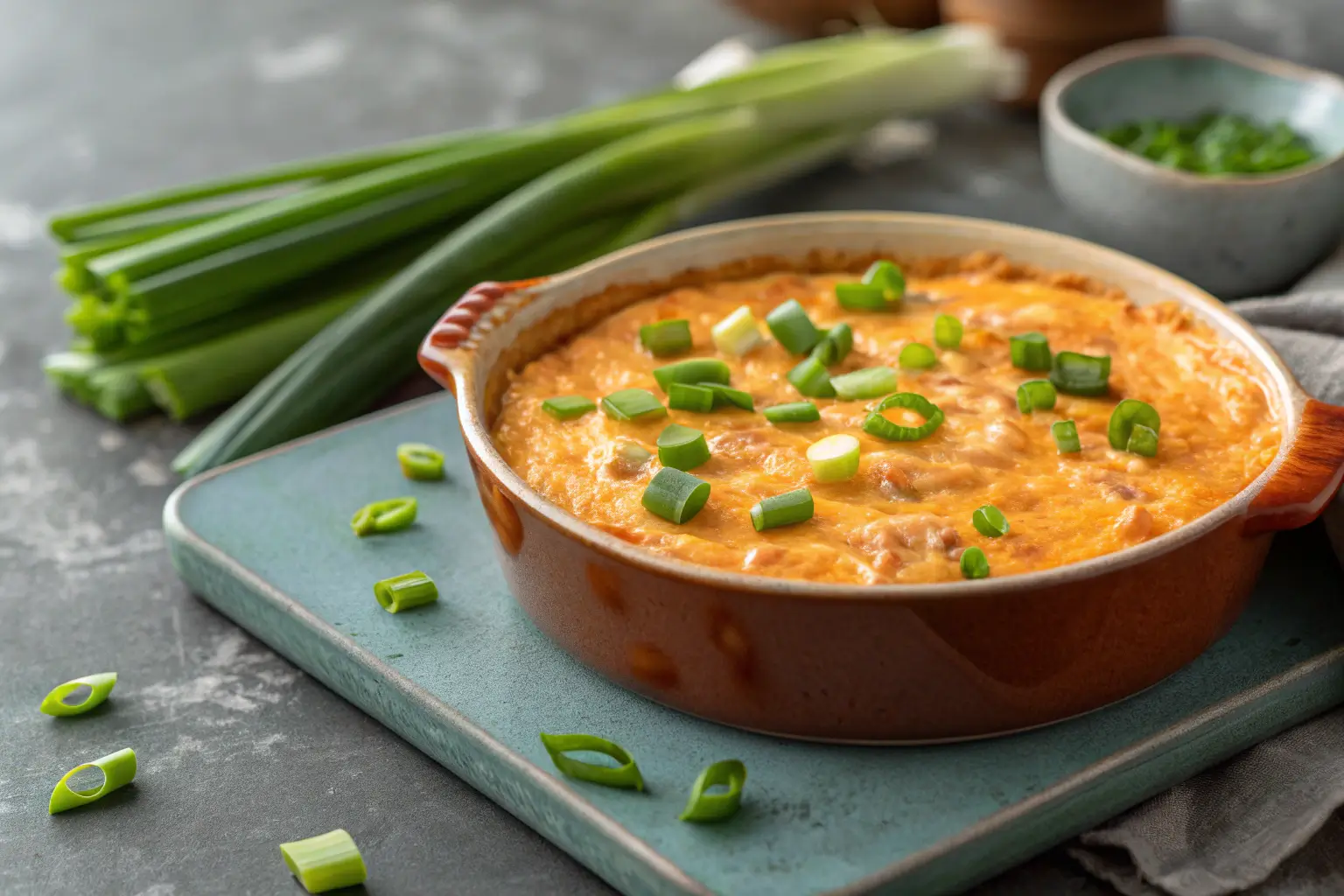 Spooky Halloween Buffalo Dip Recipe 1 Creamy Halloween Buffalo Dip with green onions on top.