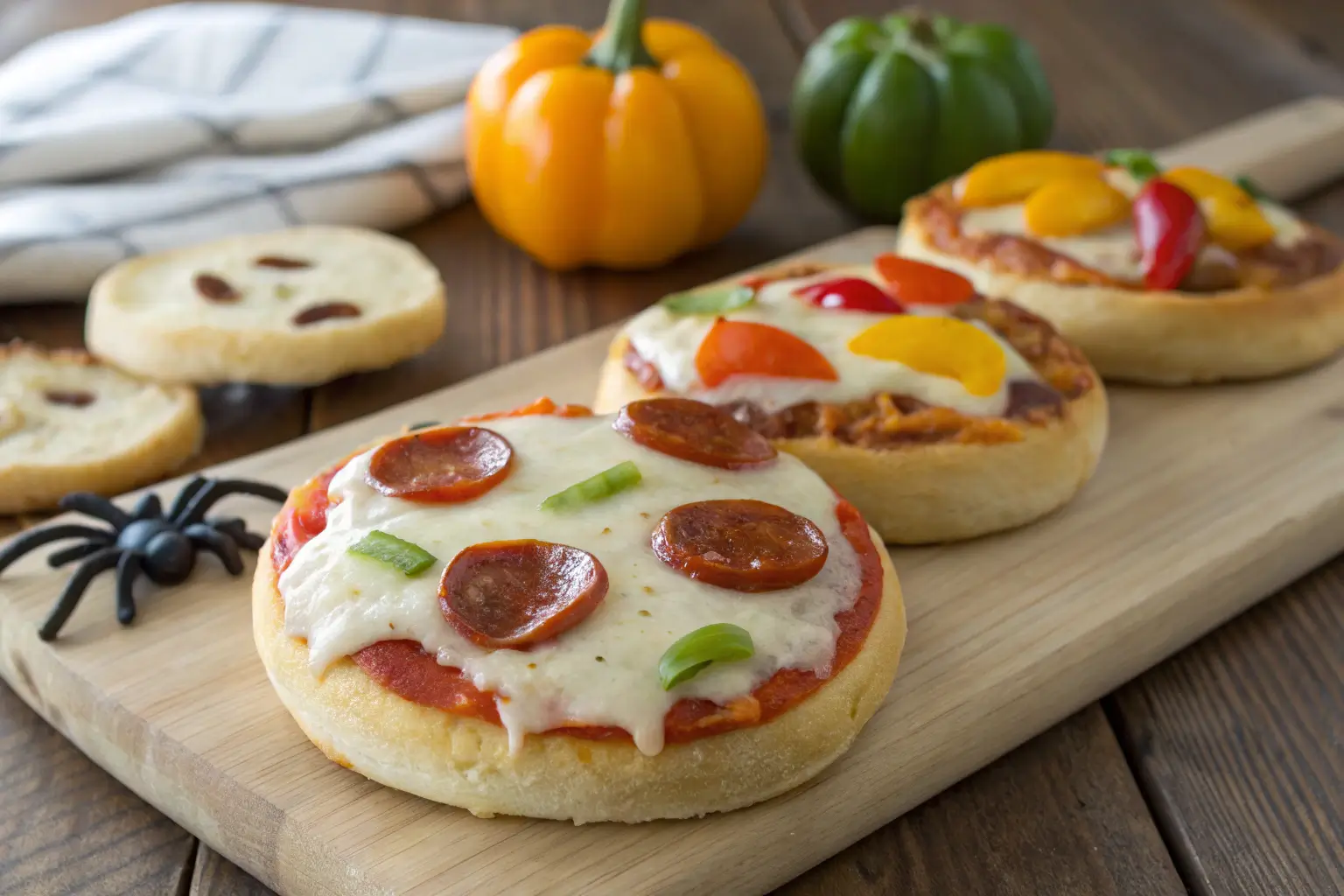 Halloween Mini Pizzas for Fun Parties 1 Close-up of Halloween mini pizzas with cheese and toppings.