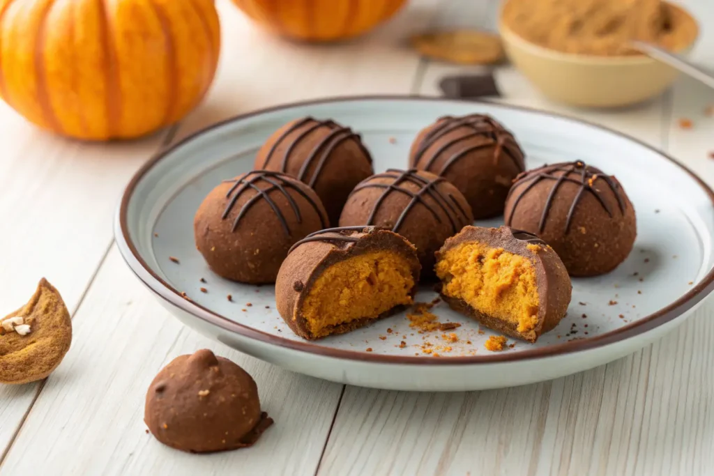 Close-up of Healthy Pumpkin Truffles on a neutral background.