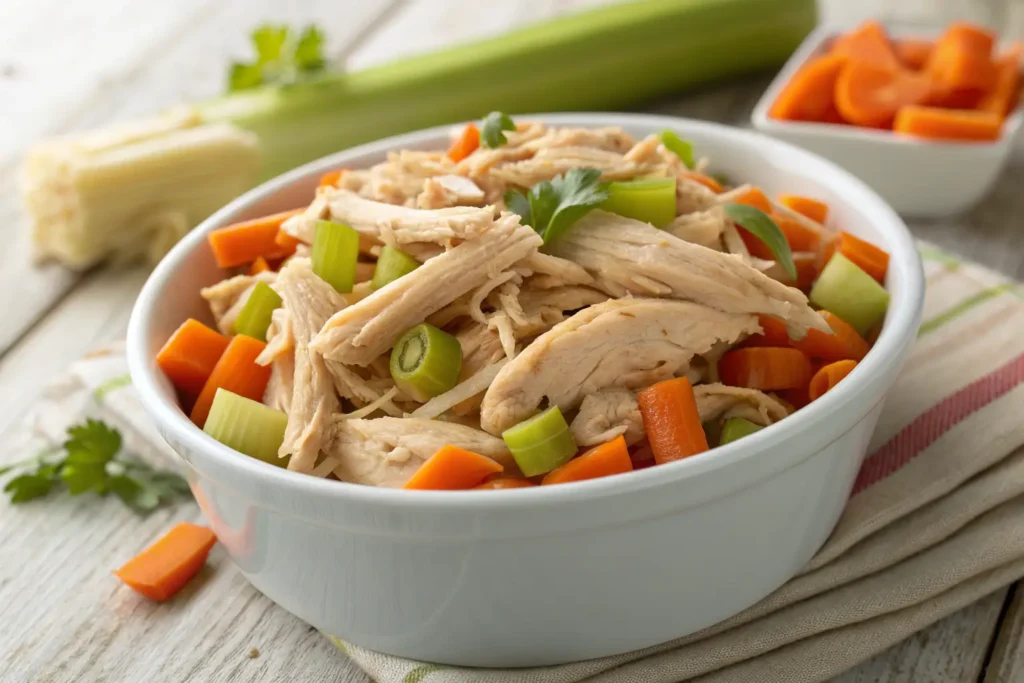 Shredded crockpot chicken with carrots and celery on wood.