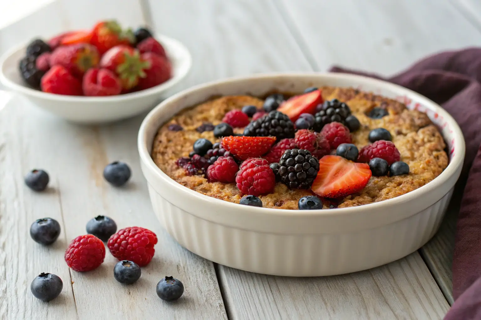 Close-up of baked oats with mixed berries on a neutral wood background.