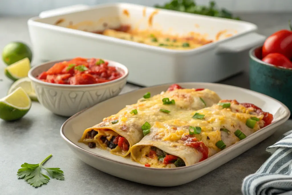 Close-up of a baked enchilada topped with melted cheese.