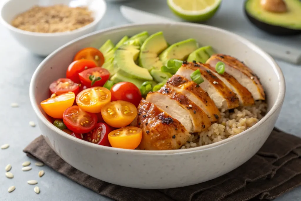 Hot Honey Chicken Bowl with chicken, tomatoes, avocado, and rice