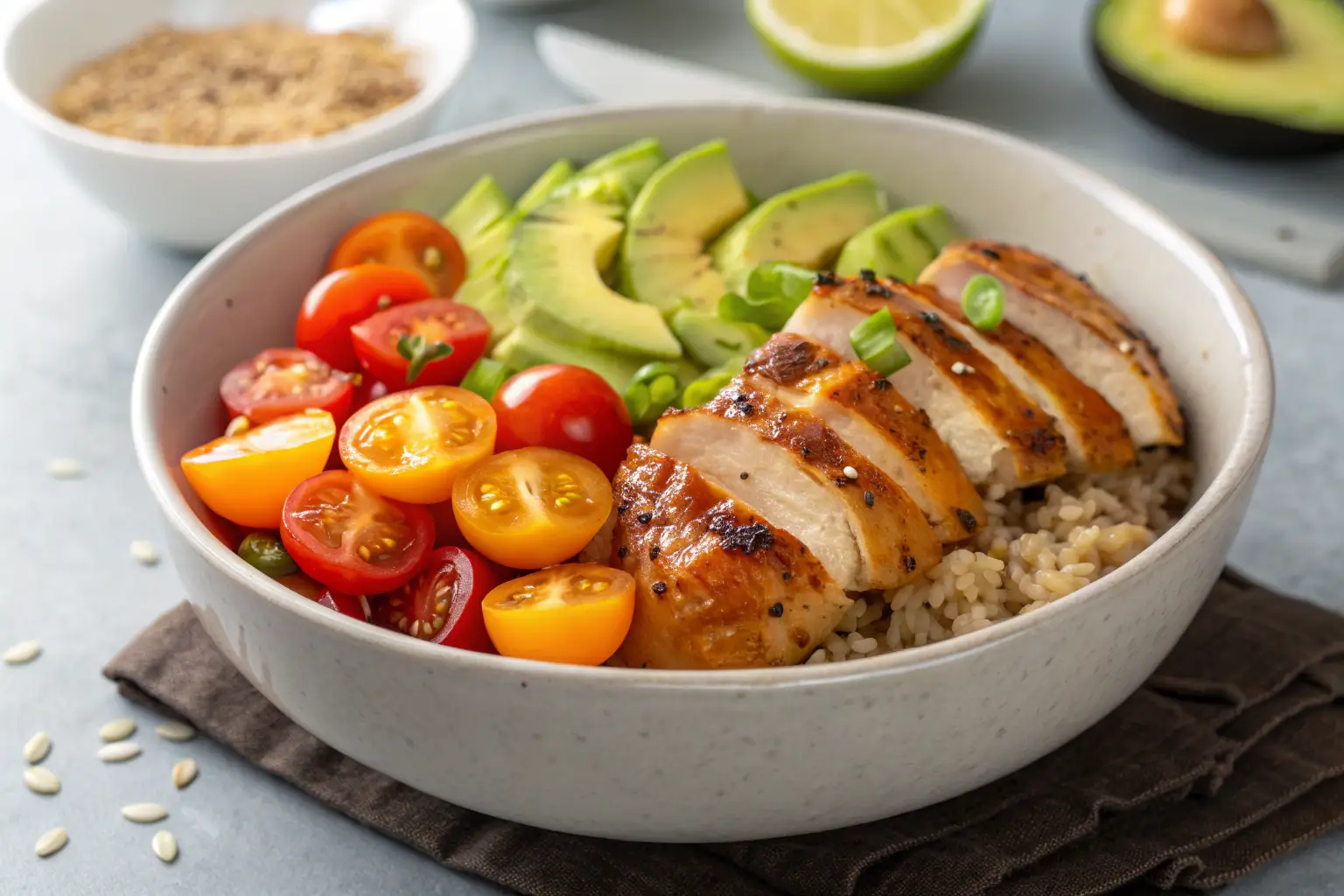 Hot Honey Chicken Bowl: Sweet & Spicy Meal Prep 1 Hot Honey Chicken Bowl with chicken, tomatoes, avocado, and rice
