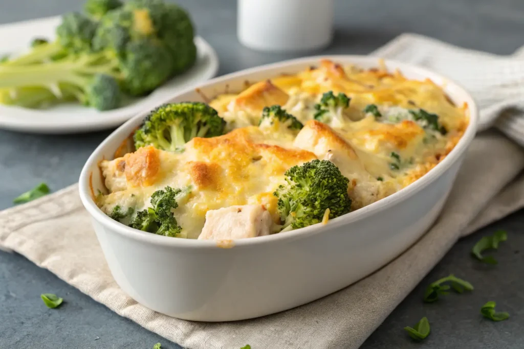 Cheesy keto leftover turkey casserole with broccoli.