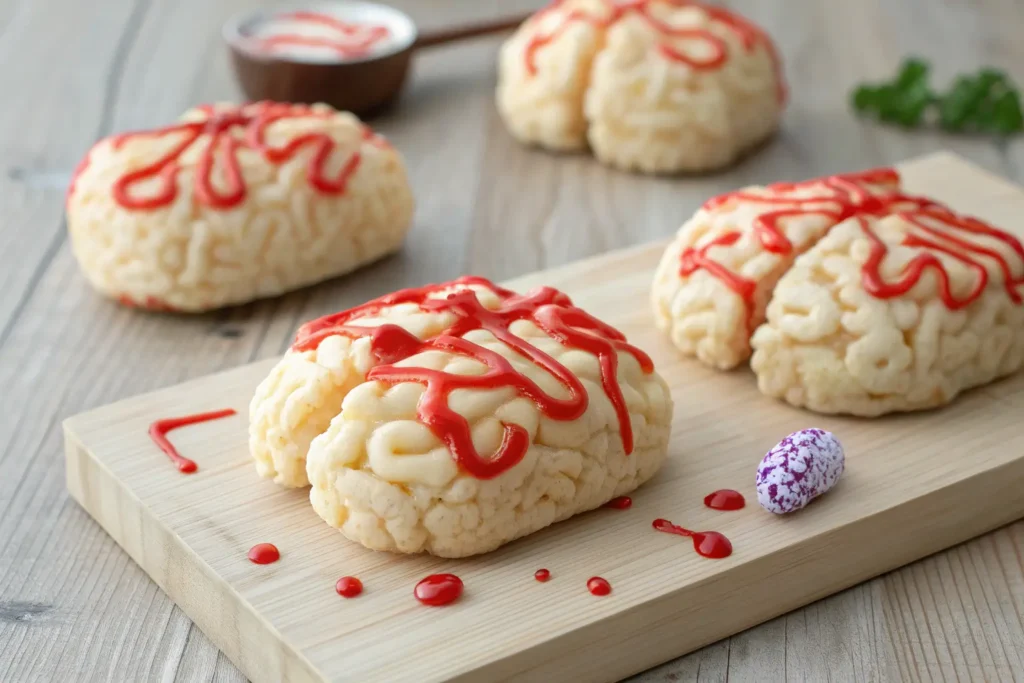 Close-up of Halloween-themed Rice Krispies treats shaped like brains.