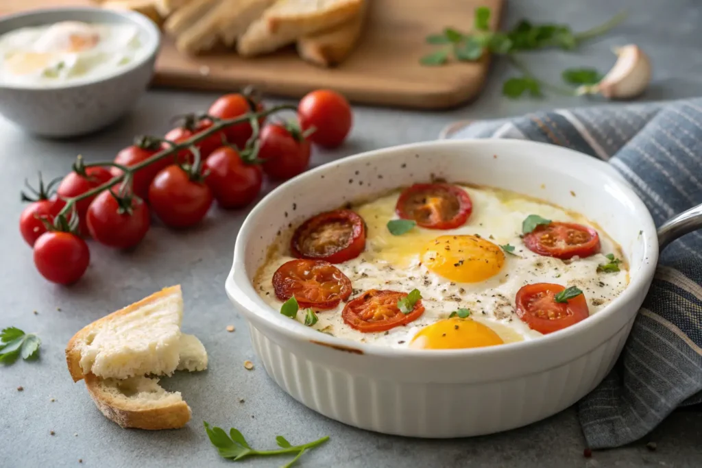 Baked feta eggs with cherry tomatoes and runny yolks.
