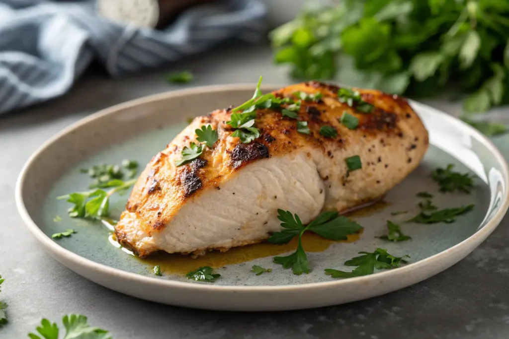 Juicy baked chicken breast garnished with parsley.