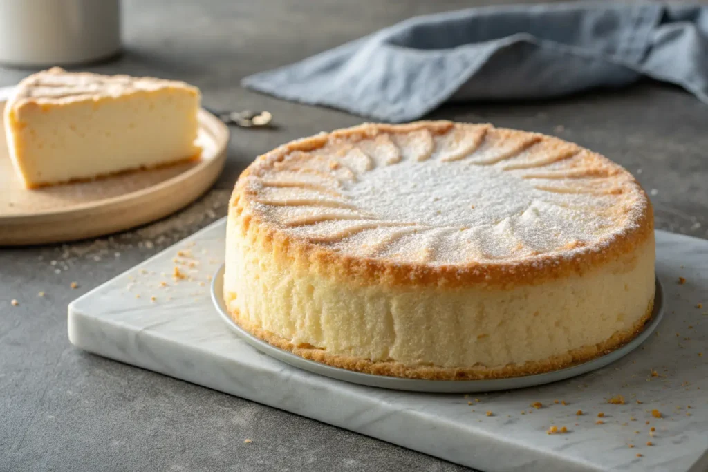 Close-up of fluffy yeasted cake on a gray concrete surface.