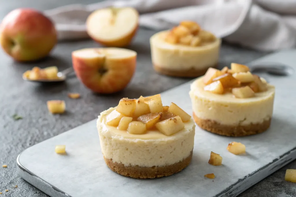 Mini apple cheesecakes with diced apples on a gray tabletop.