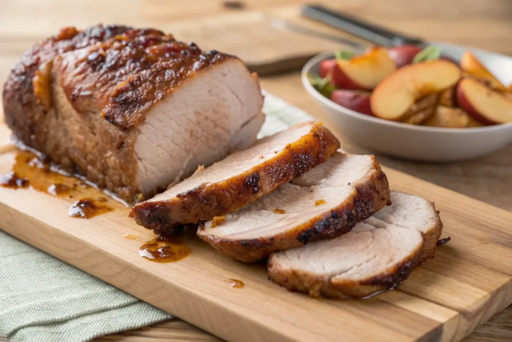 Sliced pork loin with apple mixture on a wood tabletop.
