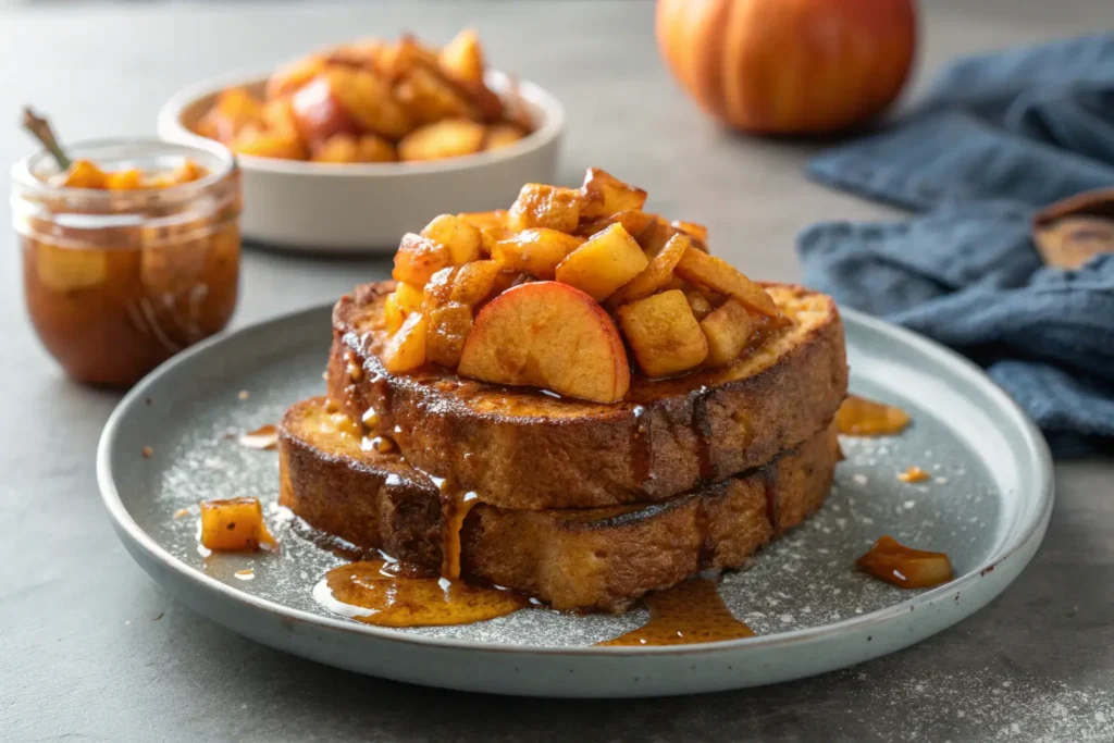 Pumpkin French Toast with caramelized apples on a gray background.