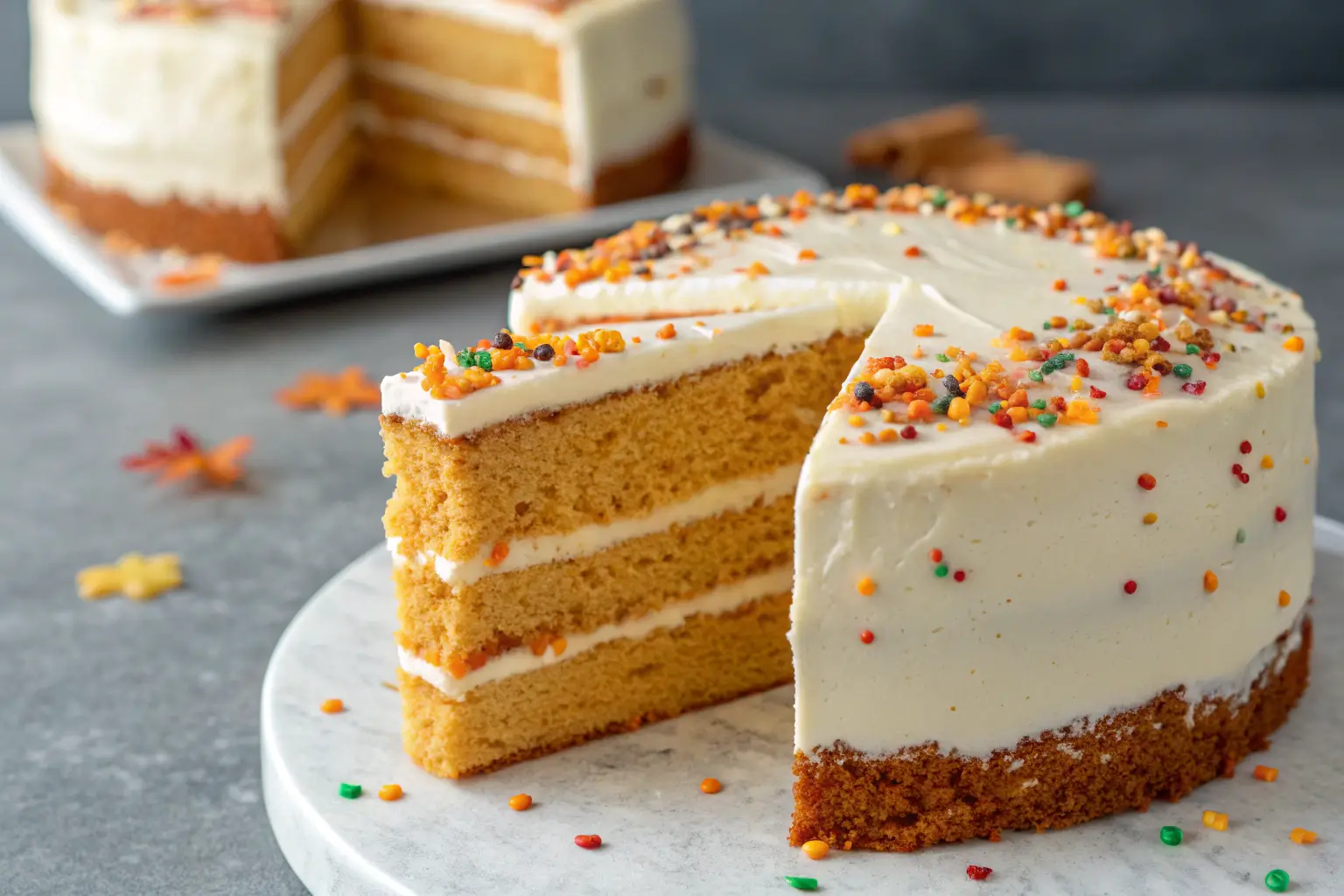 Delicious Pumpkin Velvet Cake for Fall Parties 1 Close-up of a Pumpkin Velvet Cake with cream cheese icing.