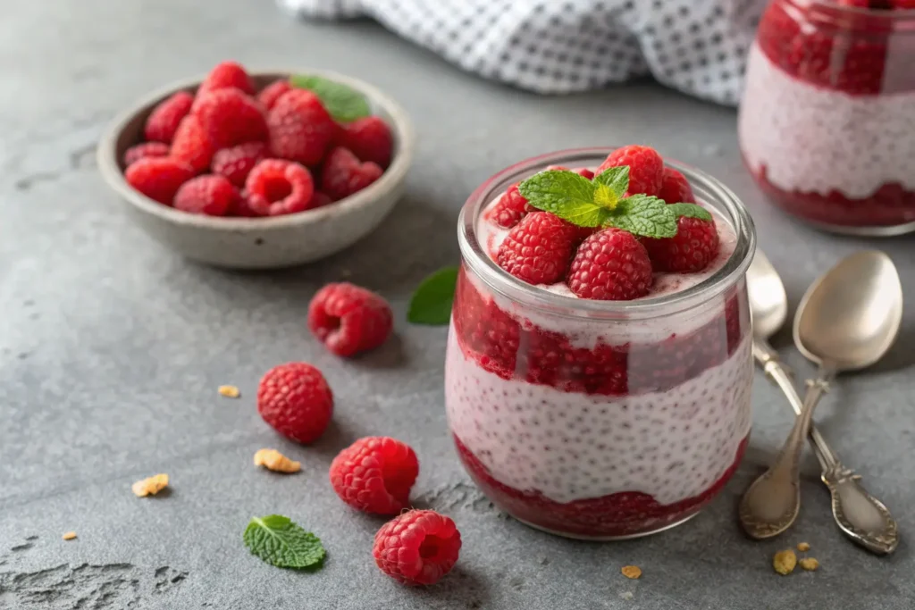 Close-up of raspberry chia pudding in a glass jar.