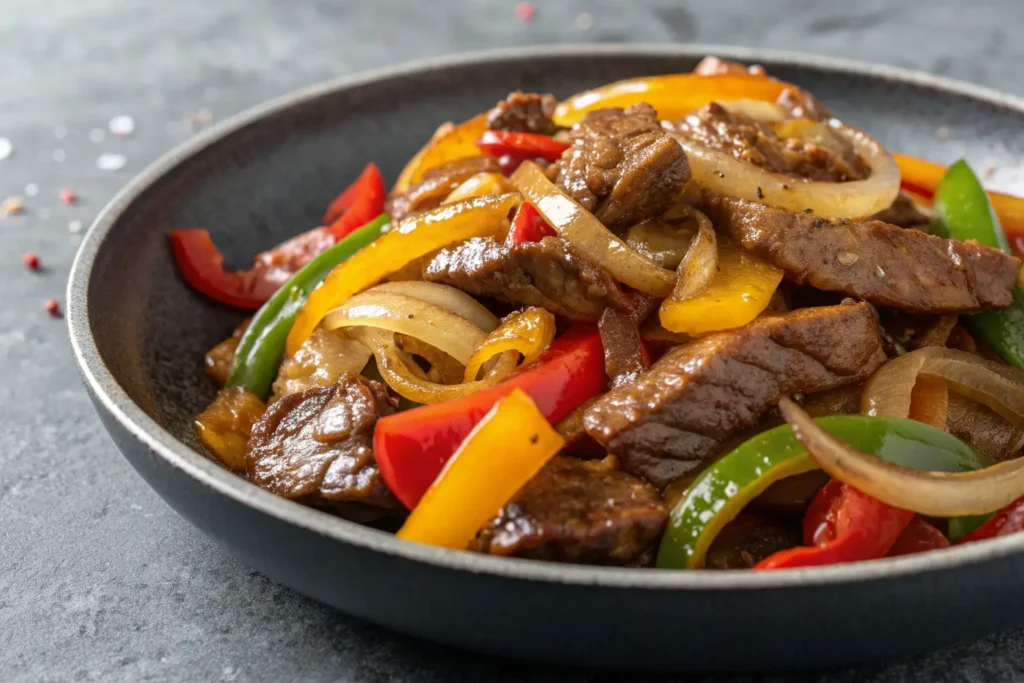 Close-up of Sizzling Chinese Pepper Steak with Onions dish