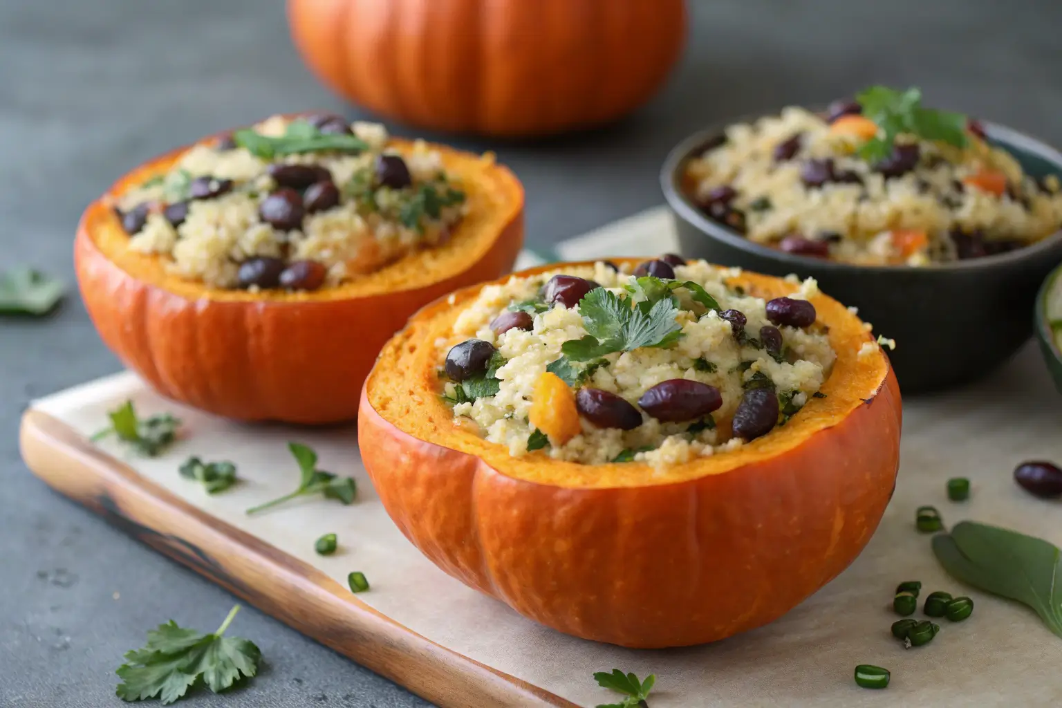 Stuffed Mini Pumpkins for a Fall Side Dish 1 Stuffed mini pumpkins filled with quinoa and cheese.