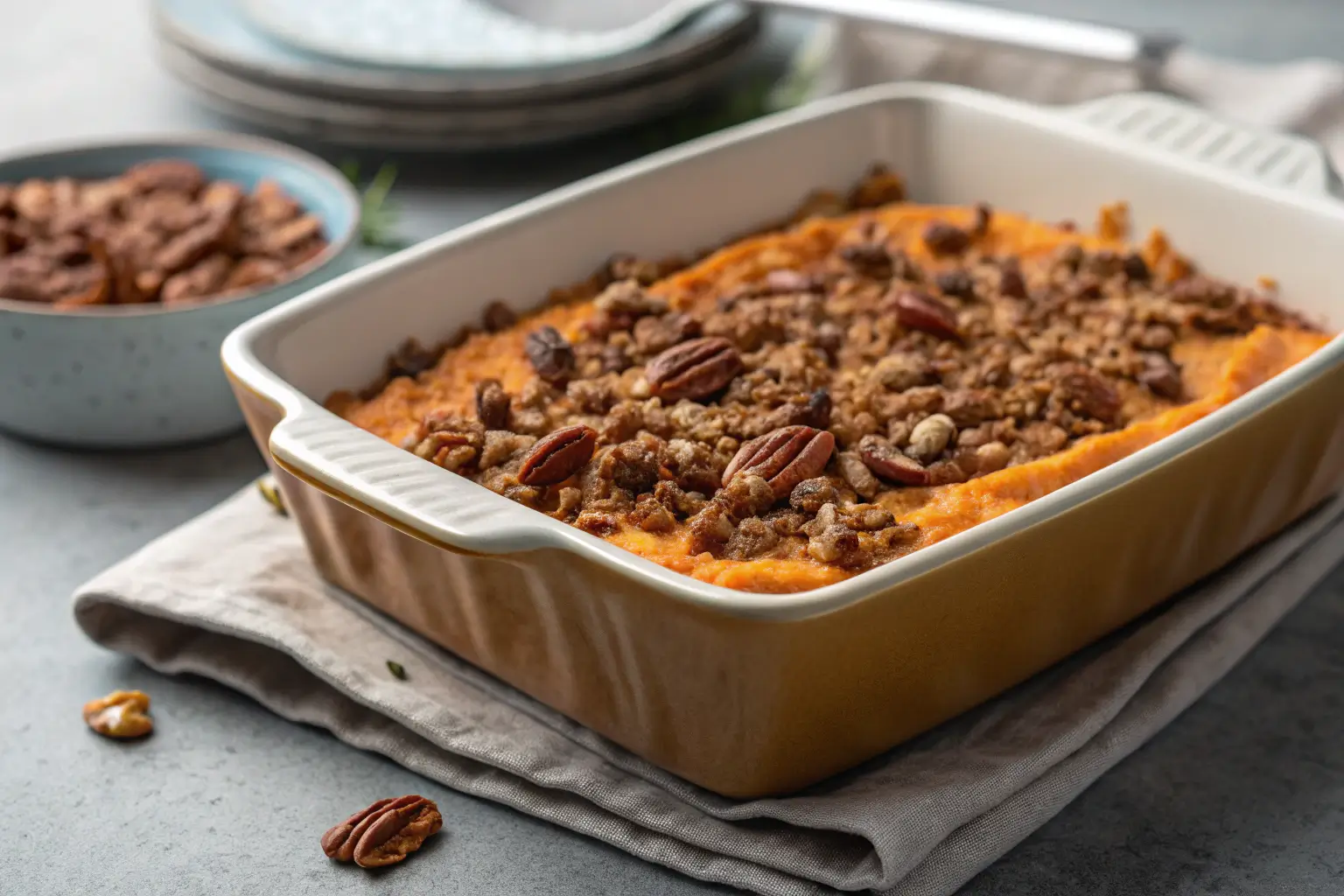 Creamy sweet potato casserole with crunchy pecan topping.