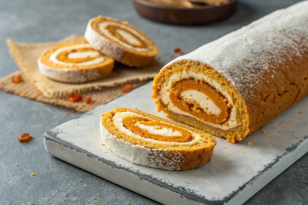 Vegan Gluten Free Pumpkin Roll on a gray concrete surface.