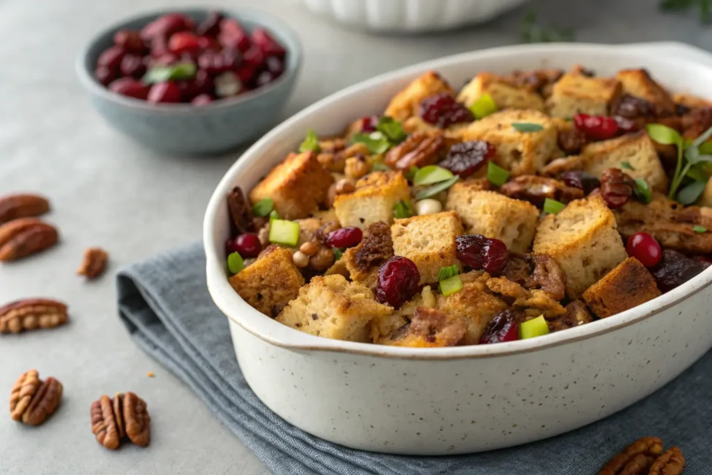 Close-up of Vegan Thanksgiving Dinner Stuffing with cranberries and walnuts.