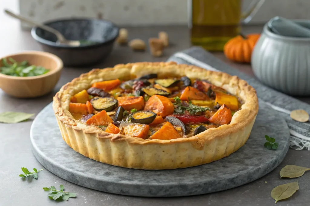 Vegetarian pie with roasted vegetables on a gray tabletop.