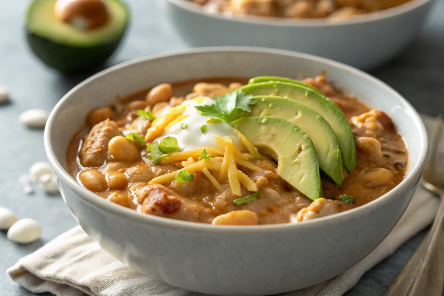 White bean turkey chili with toppings in a bowl.