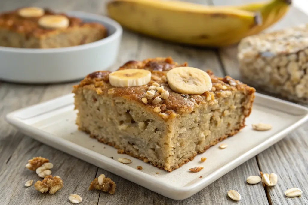 A slice of banana bread baked oats on a neutral wood surface.